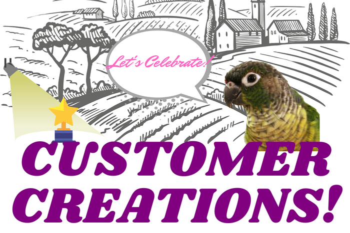 Colorful Customer Creations Tuesday banner featuring ocean scene, cruise ship, surfer, and parrot with bold red text.