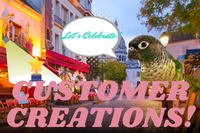 Colorful Customer Creations Tuesday banner featuring ocean scene, cruise ship, surfer, and parrot with muted red text.