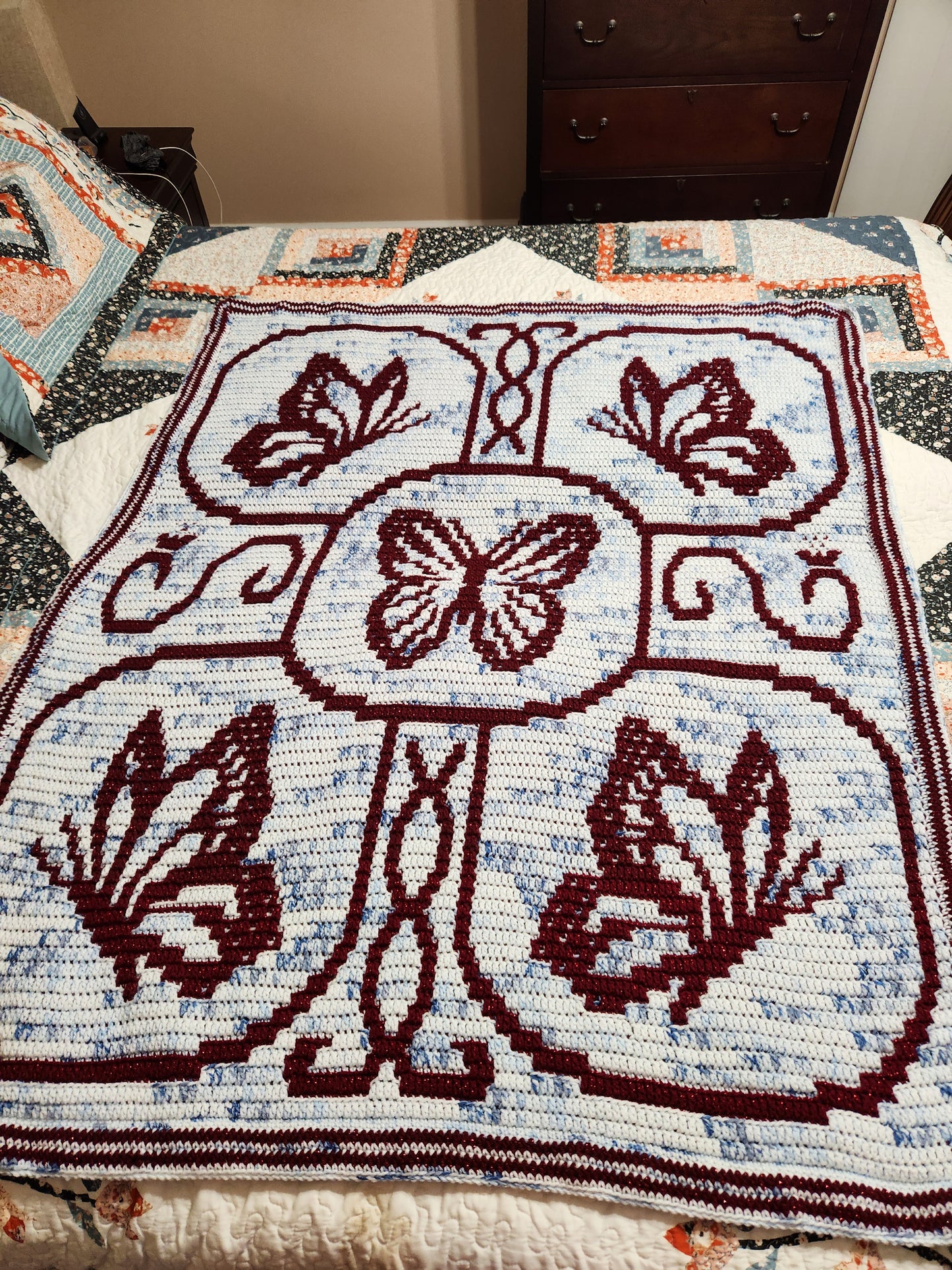 Butterfly Filigree Overlay Mosaic Blanket Pattern